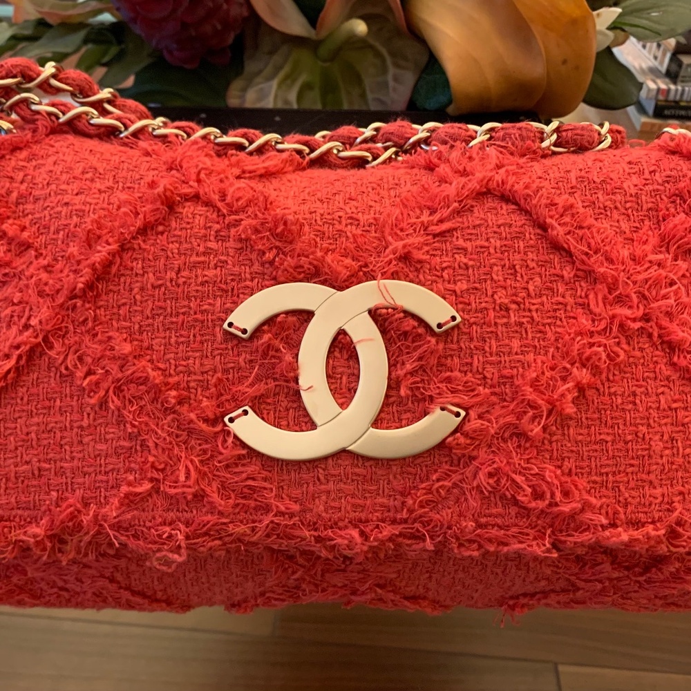 SUPER RARE CHANEL NATURE DIAMOND QUILTED RED TWEED LIMIT EDITION JUMBO FLAP BAG
